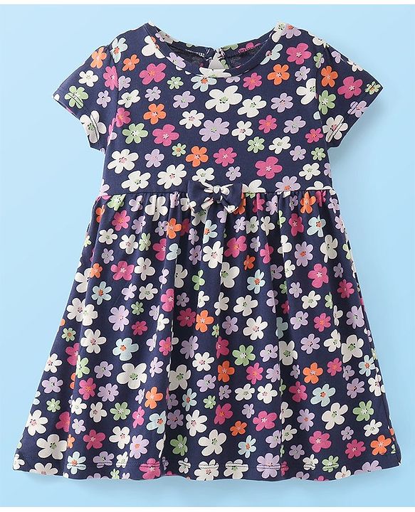 Babyhug Cotton Knit Half Sleeves Frock With Floral & Striped Print Pack Of 2 - Orange & Navy Blue