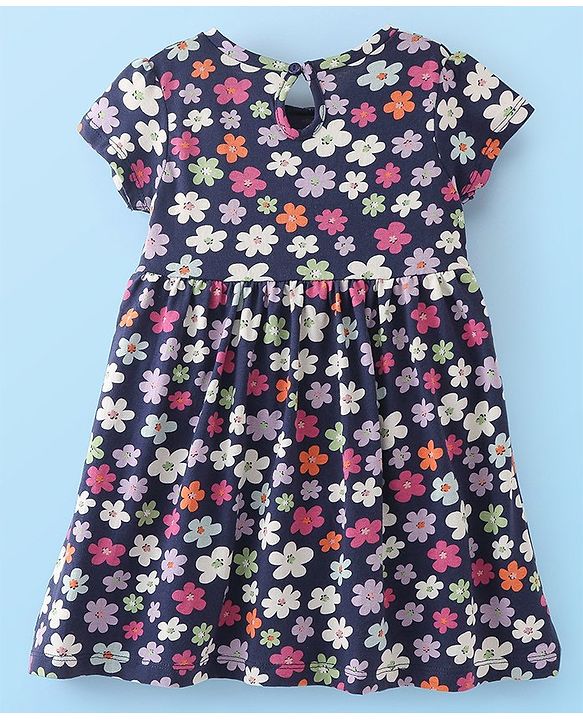 Babyhug Cotton Knit Half Sleeves Frock With Floral & Striped Print Pack Of 2 - Orange & Navy Blue