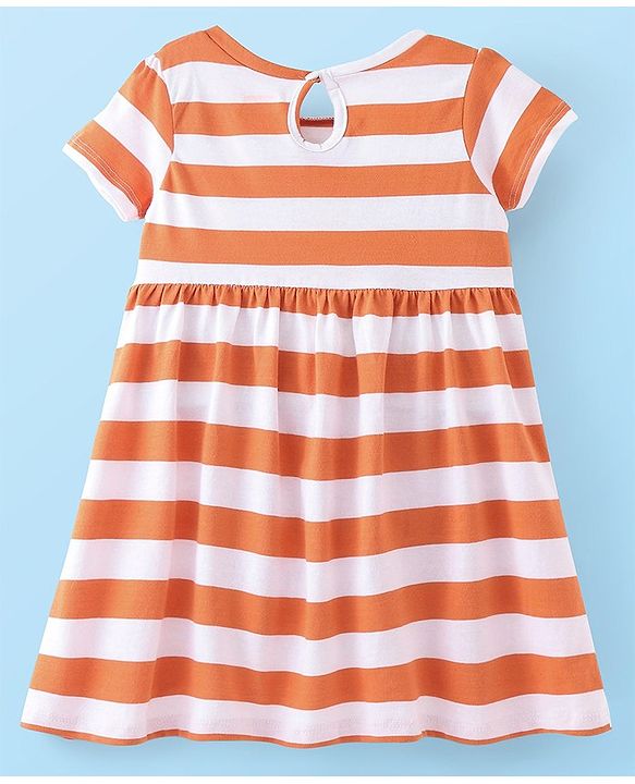 Babyhug Cotton Knit Half Sleeves Frock With Floral & Striped Print Pack Of 2 - Orange & Navy Blue