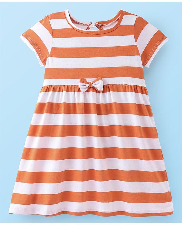 Babyhug Cotton Knit Half Sleeves Frock With Floral & Striped Print Pack Of 2 - Orange & Navy Blue