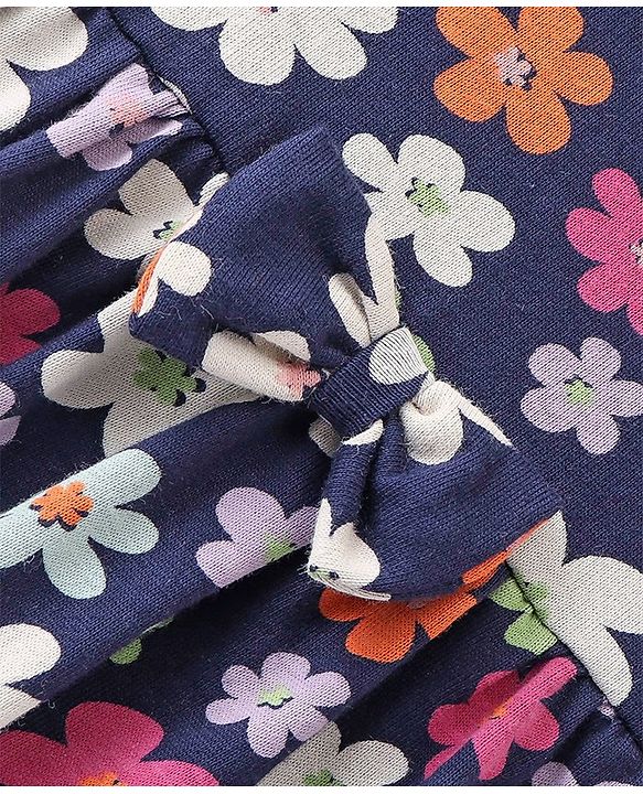 Babyhug Cotton Knit Half Sleeves Frock With Floral & Striped Print Pack Of 2 - Orange & Navy Blue