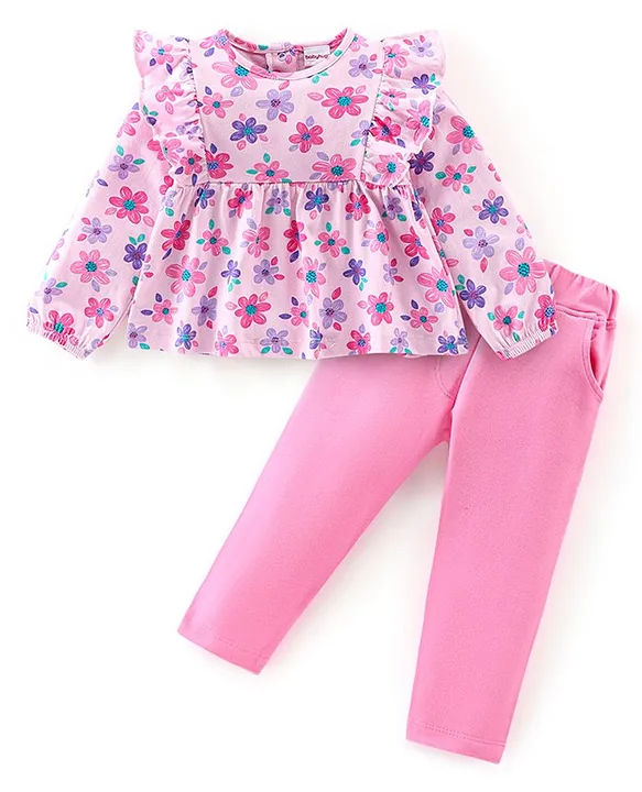 Babyhug 100% Cotton Knit Full Sleeves Top & Legging With Floral Print - Pink