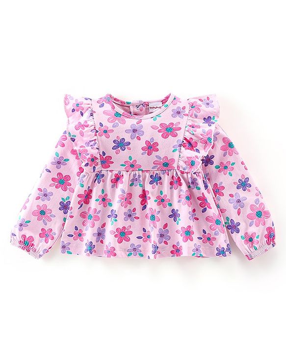 Babyhug 100% Cotton Knit Full Sleeves Top & Legging With Floral Print - Pink