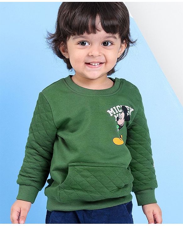 Babyhug 100% Cotton Knit Full Sleeves Sweatshirt With Mickey Mouse Graphics & Quilt Detailing -Green