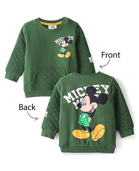 Babyhug 100% Cotton Knit Full Sleeves Sweatshirt With Mickey Mouse Graphics & Quilt Detailing -Green