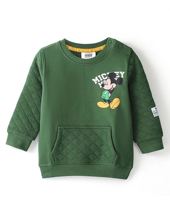 Babyhug 100% Cotton Knit Full Sleeves Sweatshirt With Mickey Mouse Graphics & Quilt Detailing -Green