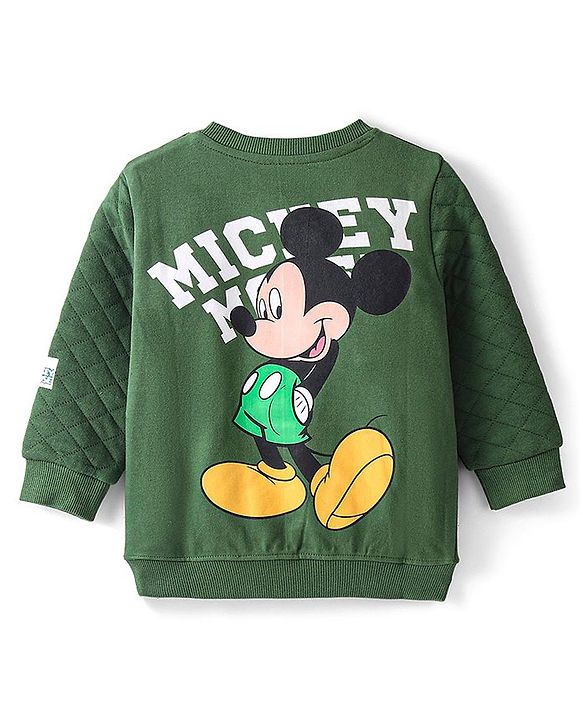 Babyhug 100% Cotton Knit Full Sleeves Sweatshirt With Mickey Mouse Graphics & Quilt Detailing -Green