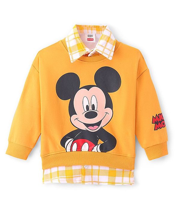 Babyhug 100% Cotton Knit Full Sleeves Overlap Sweatshirt With Mickey Mouse Graphics & Collar Detailing - Yellow