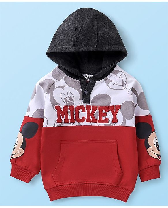Babyhug 100% Cotton Knit Full Sleeves Sweatshirt With Mickey Mouse Print & Embroidery - Red White & Black