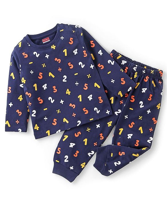Babyhug Cotton Knit Full Sleeves Night Suit Alphabets Print - Navy