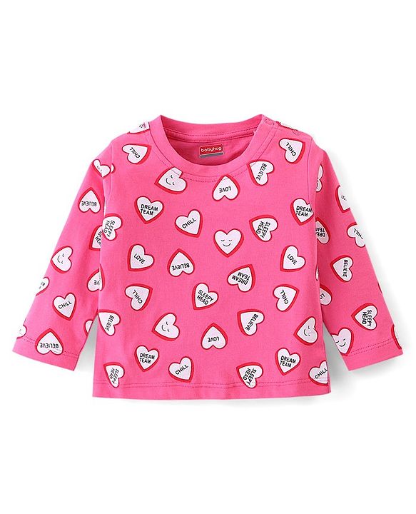 Babyhug Cotton Knit Single Jersey Full Sleeves Night Suit With Heart Print - Pink