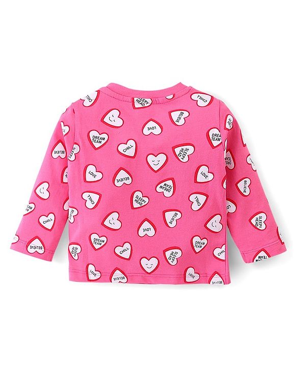 Babyhug Cotton Knit Single Jersey Full Sleeves Night Suit With Heart Print - Pink