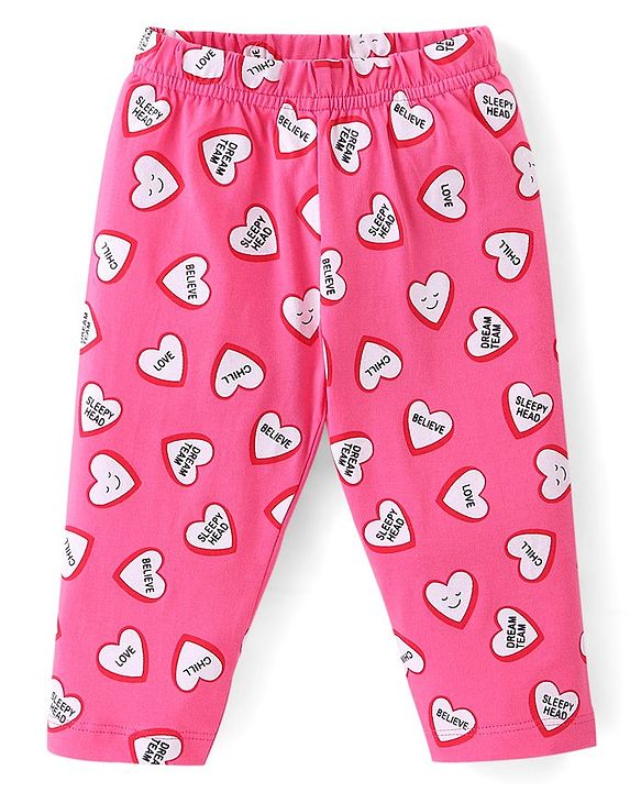 Babyhug Cotton Knit Single Jersey Full Sleeves Night Suit With Heart Print - Pink