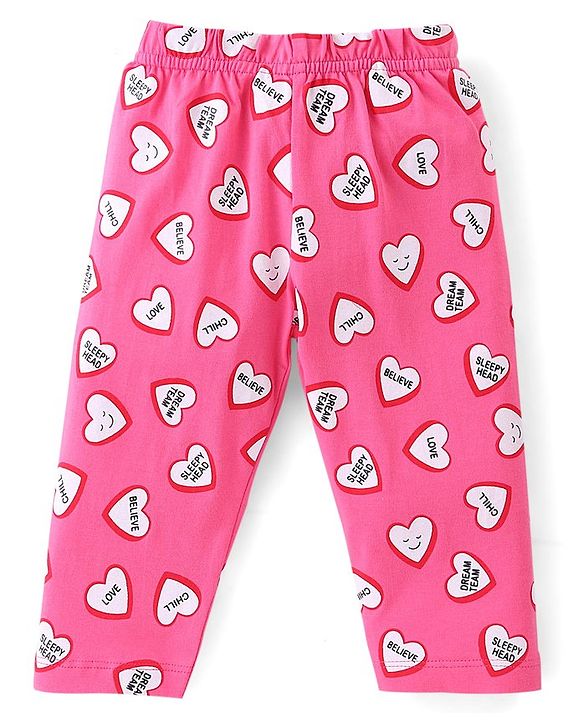 Babyhug Cotton Knit Single Jersey Full Sleeves Night Suit With Heart Print - Pink