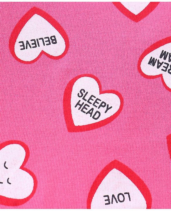 Babyhug Cotton Knit Single Jersey Full Sleeves Night Suit With Heart Print - Pink
