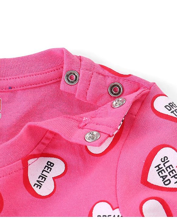 Babyhug Cotton Knit Single Jersey Full Sleeves Night Suit With Heart Print - Pink