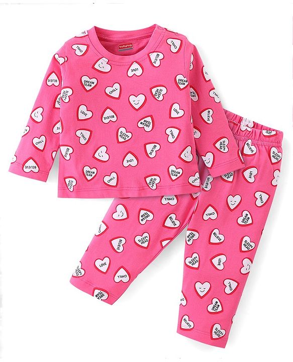 Babyhug Cotton Knit Single Jersey Full Sleeves Night Suit With Heart Print - Pink