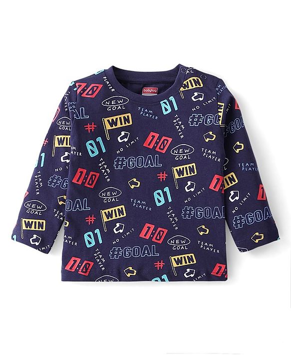Babyhug Cotton Knit Single Jersey Full Sleeves Night Suit With Text Print - Navy Blue