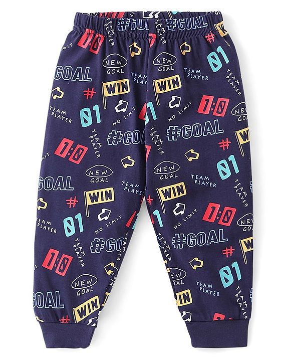 Babyhug Cotton Knit Single Jersey Full Sleeves Night Suit With Text Print - Navy Blue