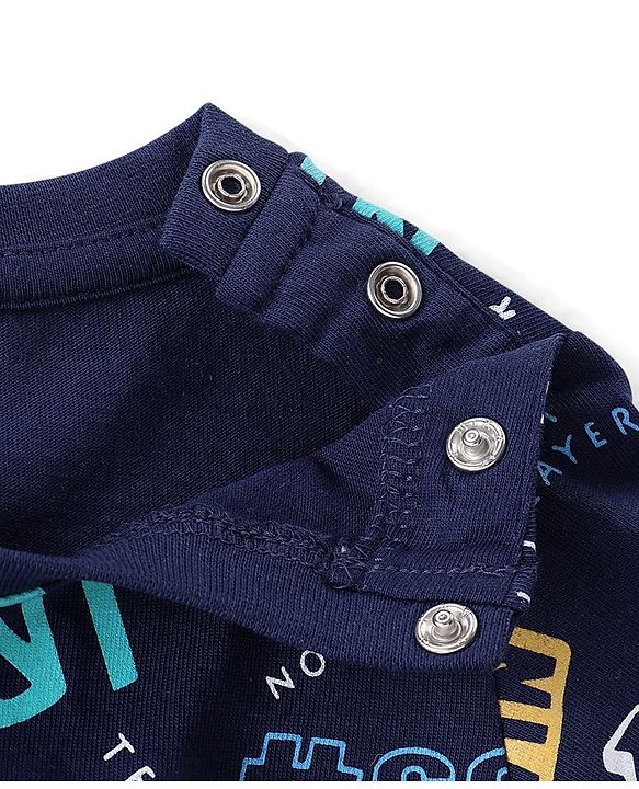 Babyhug Cotton Knit Single Jersey Full Sleeves Night Suit With Text Print - Navy Blue