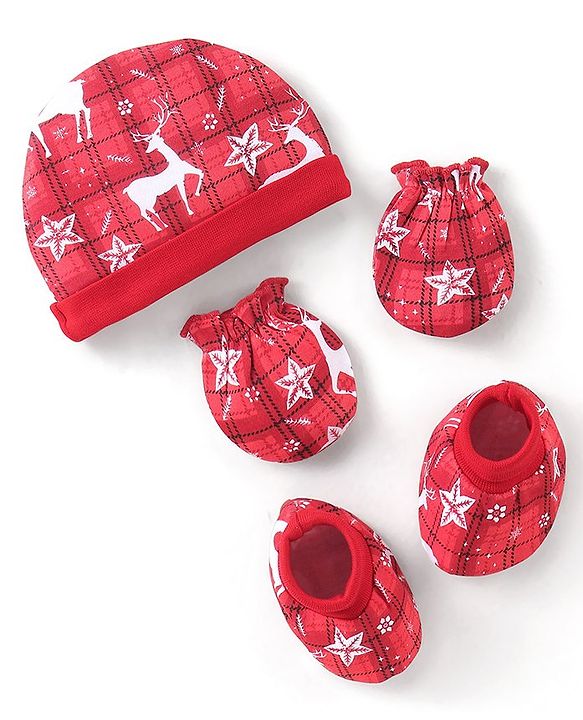 Babyhug 100% Cotton Knit Deer Printed Cap Mittens & Booties - Red