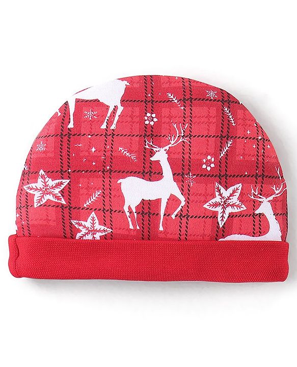 Babyhug 100% Cotton Knit Deer Printed Cap Mittens & Booties - Red