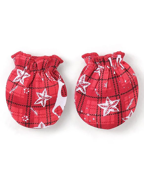 Babyhug 100% Cotton Knit Deer Printed Cap Mittens & Booties - Red
