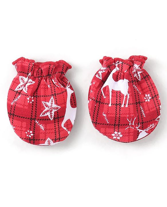Babyhug 100% Cotton Knit Deer Printed Cap Mittens & Booties - Red
