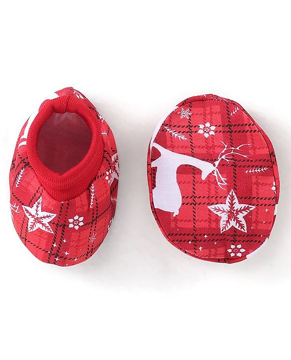 Babyhug 100% Cotton Knit Deer Printed Cap Mittens & Booties - Red