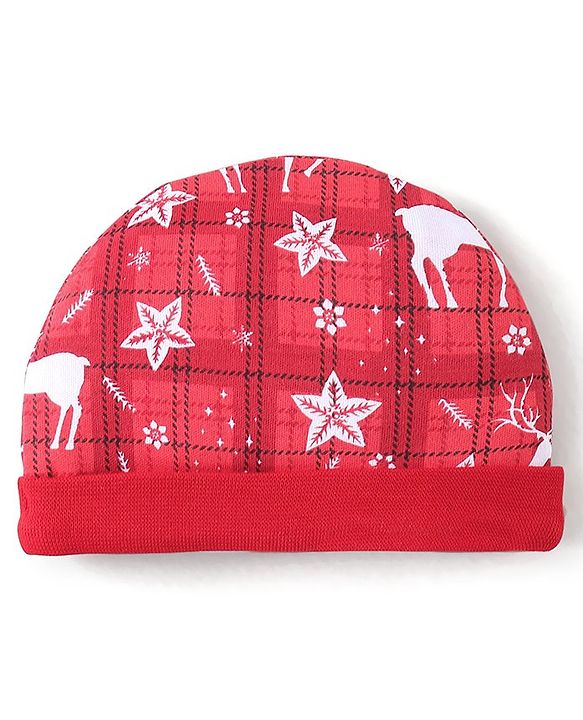 Babyhug 100% Cotton Knit Deer Printed Cap Mittens & Booties - Red