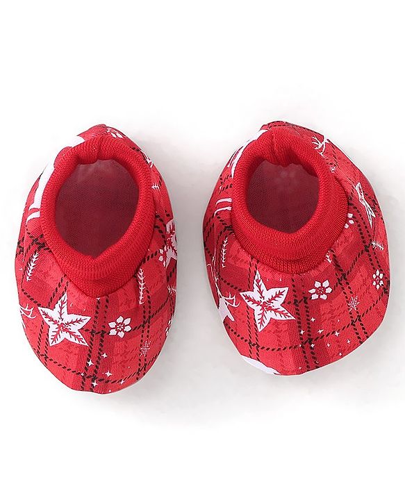 Babyhug 100% Cotton Knit Deer Printed Cap Mittens & Booties - Red