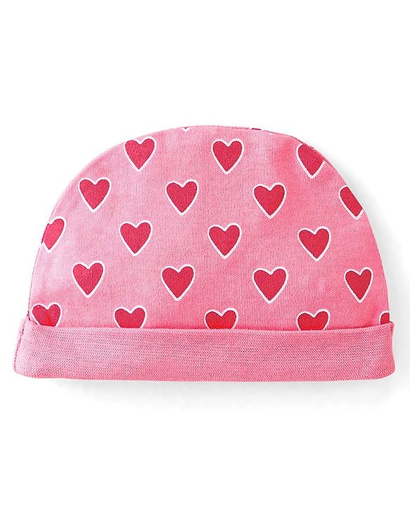 Babyhug 100% Cotton Interlock Knit Cap Mittens And Booties Heart Print - Pink