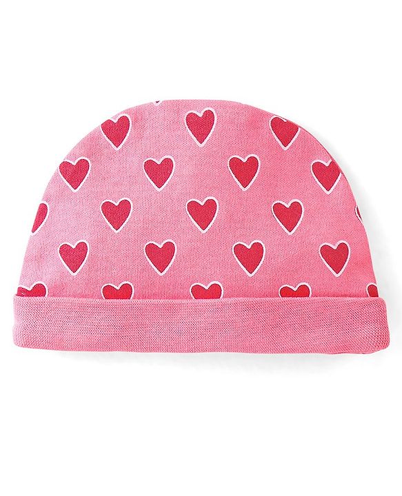 Babyhug 100% Cotton Interlock Knit Cap Mittens And Booties Heart Print - Pink