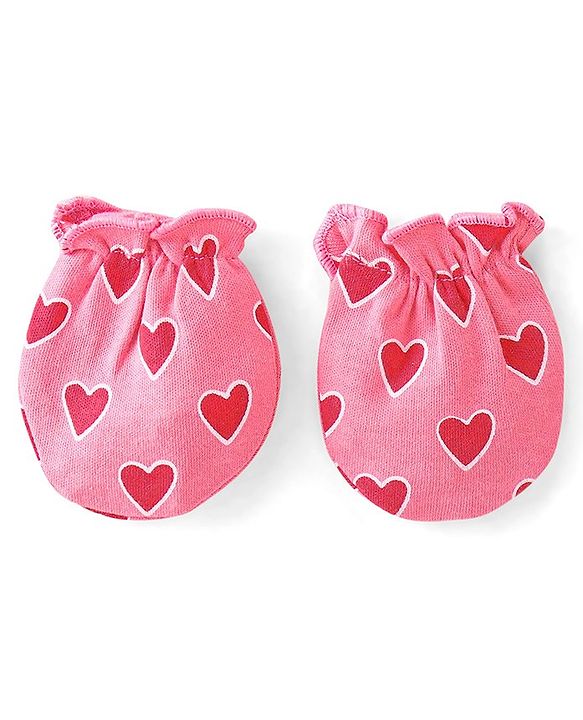 Babyhug 100% Cotton Interlock Knit Cap Mittens And Booties Heart Print - Pink