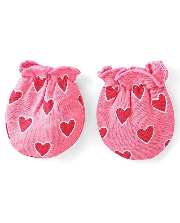 Babyhug 100% Cotton Interlock Knit Cap Mittens And Booties Heart Print - Pink