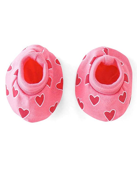 Babyhug 100% Cotton Interlock Knit Cap Mittens And Booties Heart Print - Pink