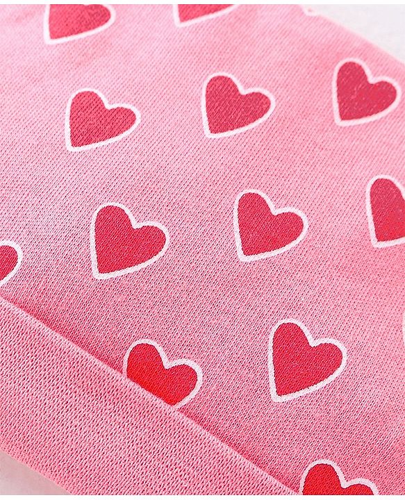 Babyhug 100% Cotton Interlock Knit Cap Mittens And Booties Heart Print - Pink
