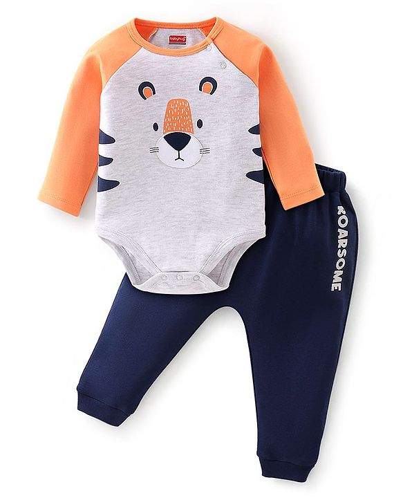 Babyhug Cotton Knit Full Sleeves Onesies Tiger Print With Leggings - Navy Blue