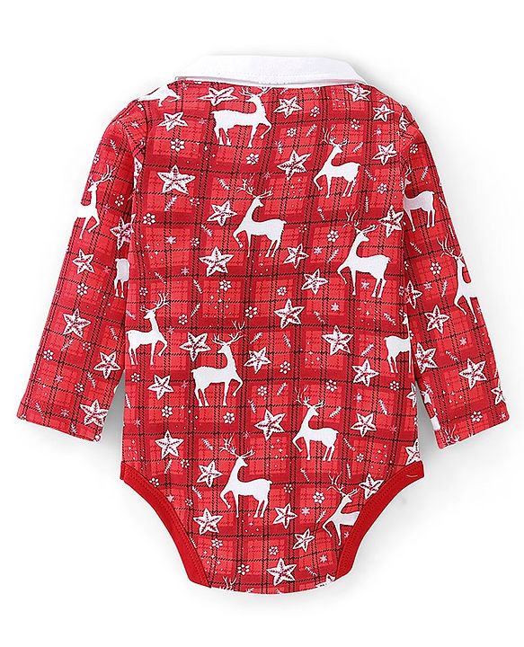 Babyhug 100% Cotton Interlock Knit Full Sleeves Onesies Deer Print - Red