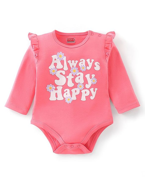 Babyhug 100% Cotton Full Sleeves Onesie with Head Band Text Print - Pink