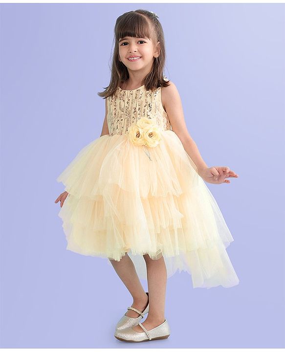 Babyhug Sleeveless Party Frock With Floral Corsage & Sequine Detailing - Yellow