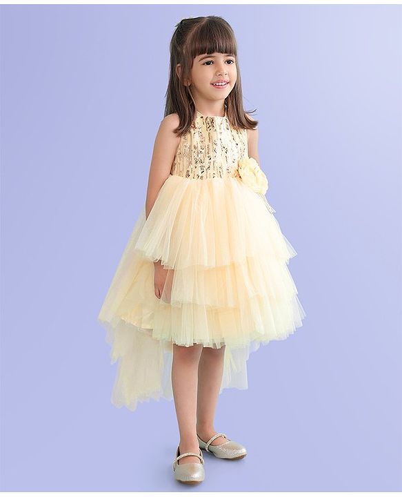 Babyhug Sleeveless Party Frock With Floral Corsage & Sequine Detailing - Yellow