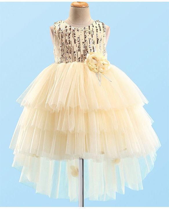 Babyhug Sleeveless Party Frock With Floral Corsage & Sequine Detailing - Yellow