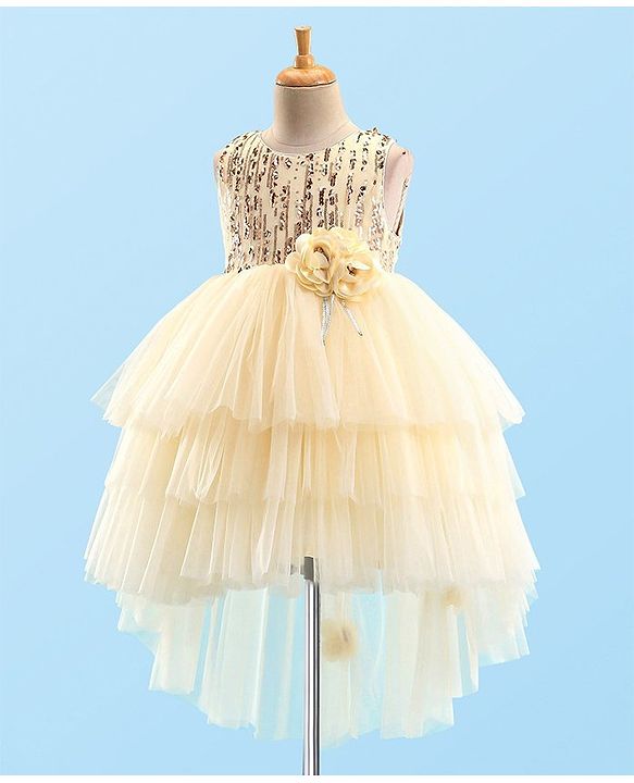 Babyhug Sleeveless Party Frock With Floral Corsage & Sequine Detailing - Yellow