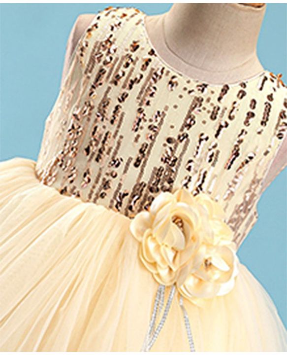 Babyhug Sleeveless Party Frock With Floral Corsage & Sequine Detailing - Yellow
