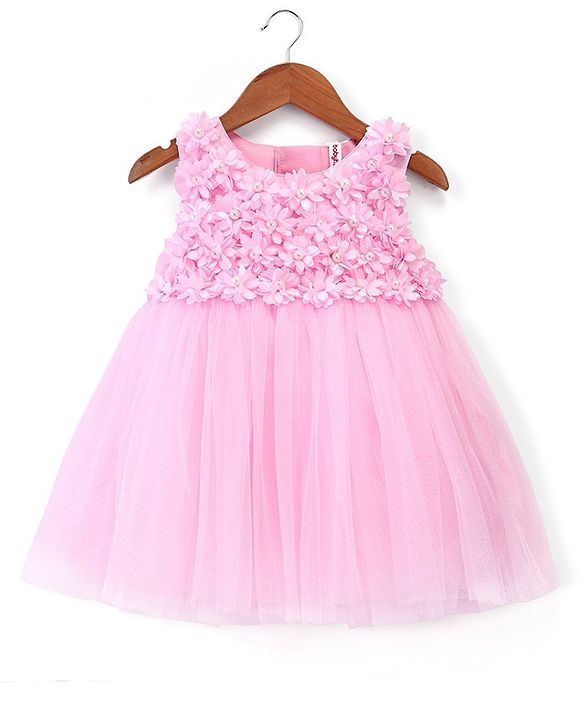 Babyhug Woven Sleeveless Yoke Party Dress with Floral Corsage - Pink