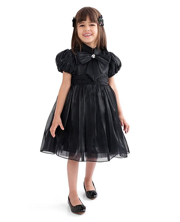 Babyhug Half Sleeves Organza Party Frock with Bow Applique- Black