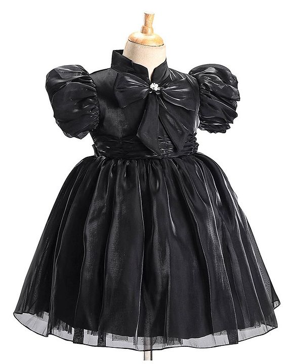 Babyhug Half Sleeves Organza Party Frock with Bow Applique- Black