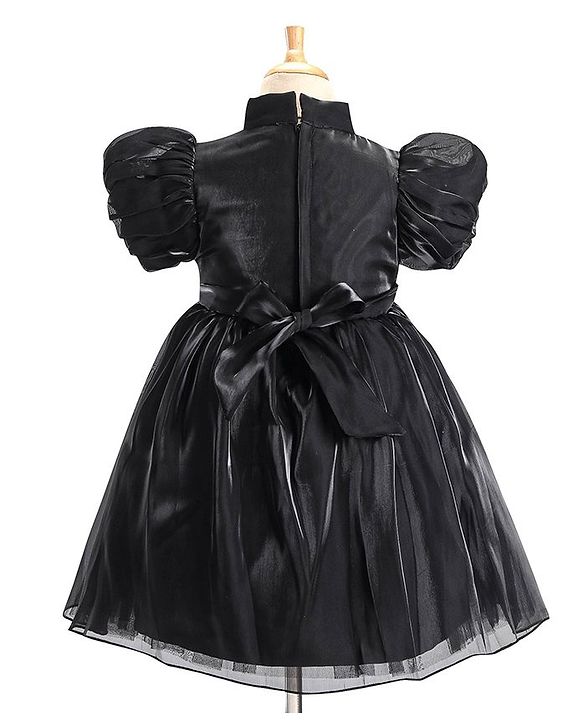 Babyhug Half Sleeves Organza Party Frock with Bow Applique- Black