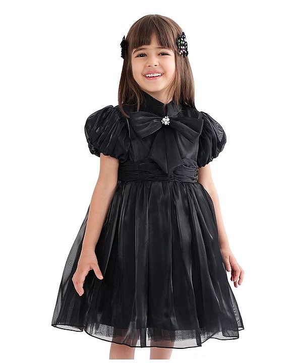Babyhug Half Sleeves Organza Party Frock with Bow Applique- Black